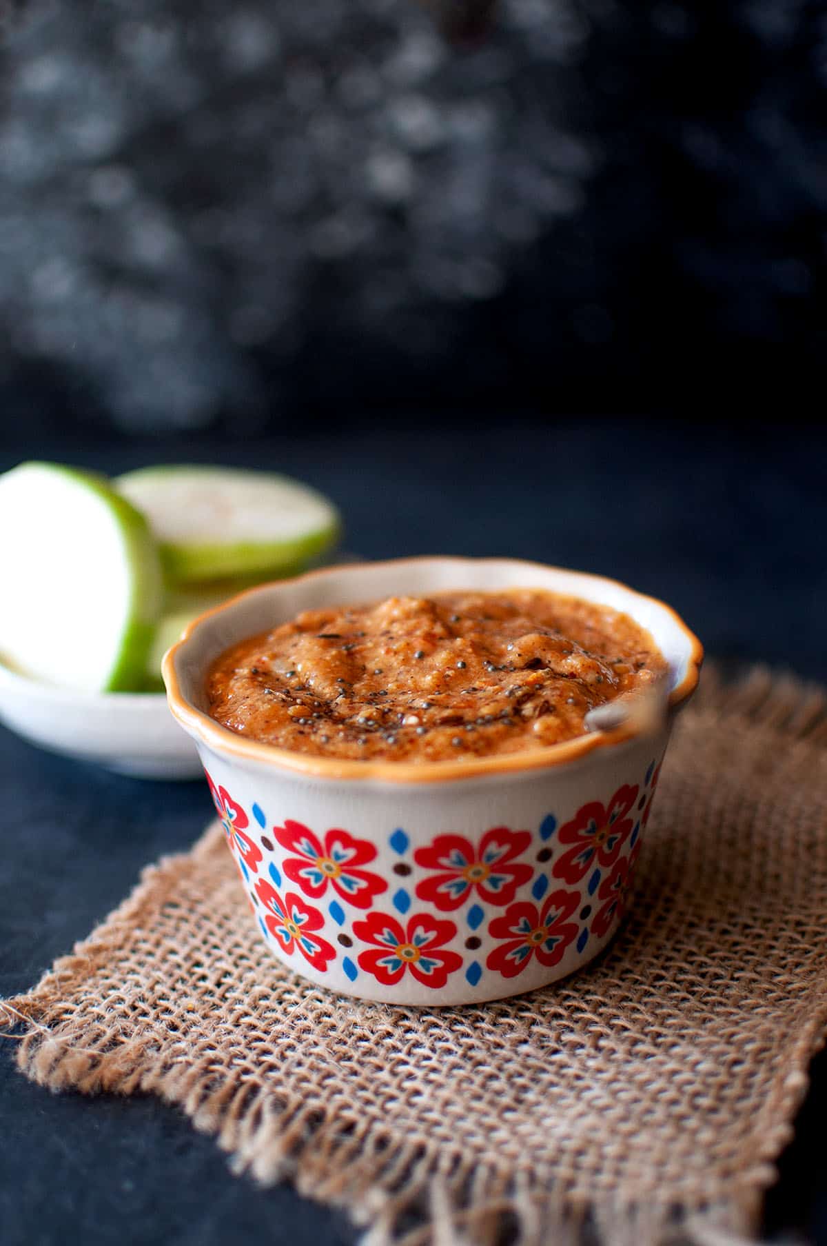 Flower printed bowl with Thai okra chutney.