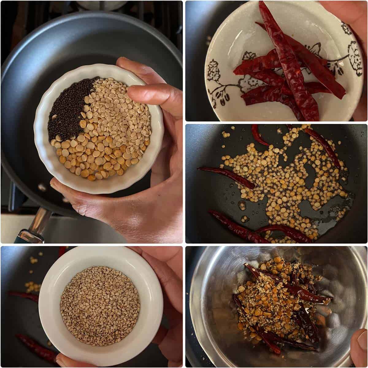 5 panel photo showing the sauteing of spices.