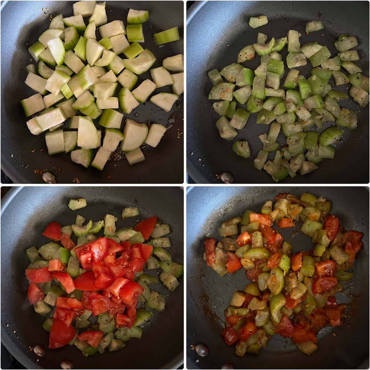 4 panel photo showing the sauteing of veggies.