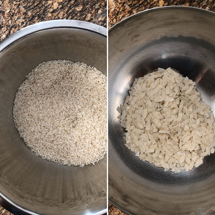 Two steel bowls with rice and flatten bowls