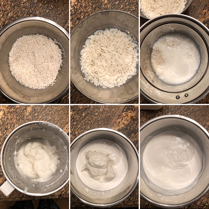 Step by step photos showing soaked rice, ground into a smooth batter