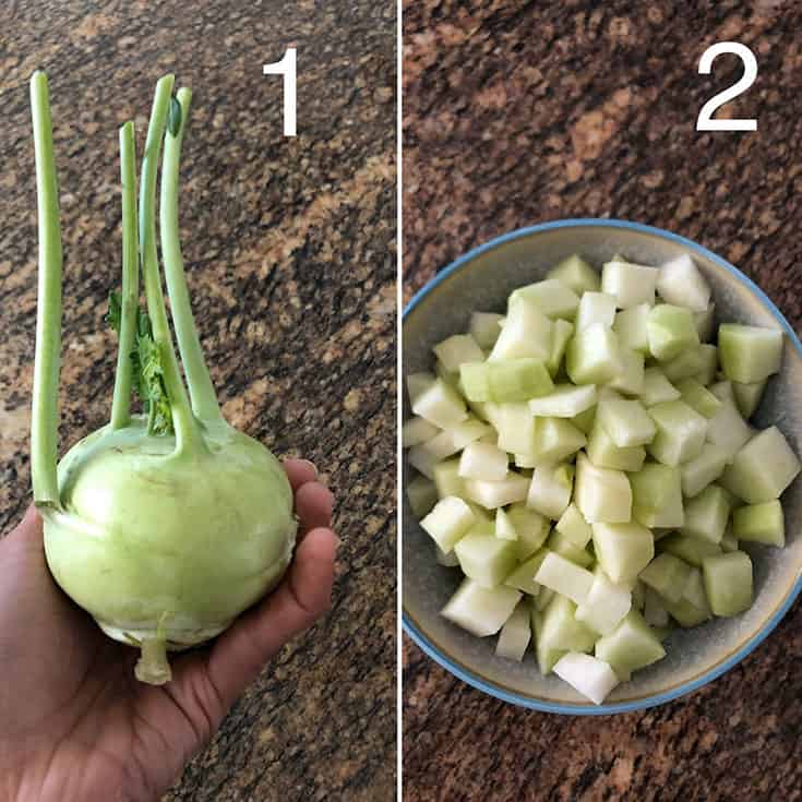 Hand holding Fresh Kohlrabi and a bowl of chopped kohlrabi