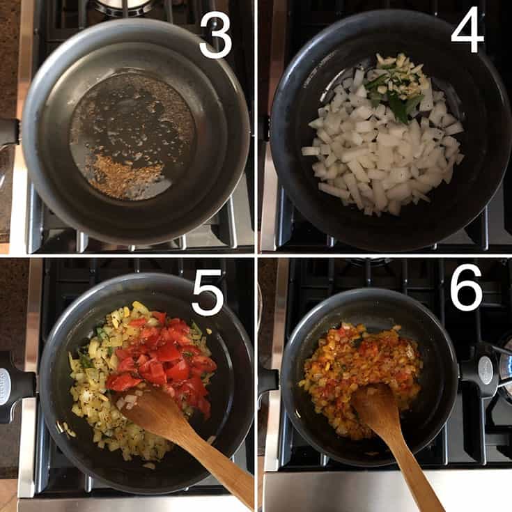 Step by step photos showing onions and tomatoes being sauteed in a nonstick panA