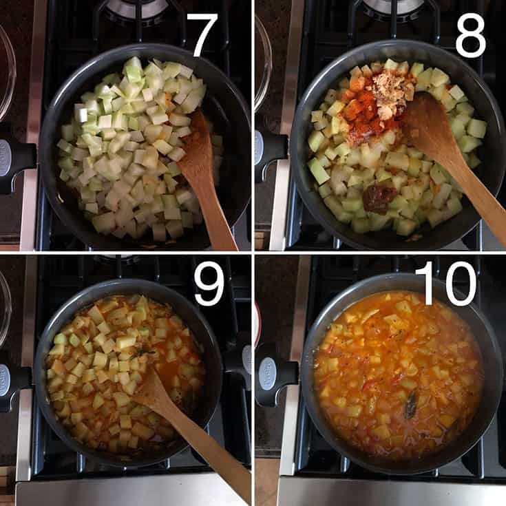 Step by step photos showing kohlrabi curry being made in process