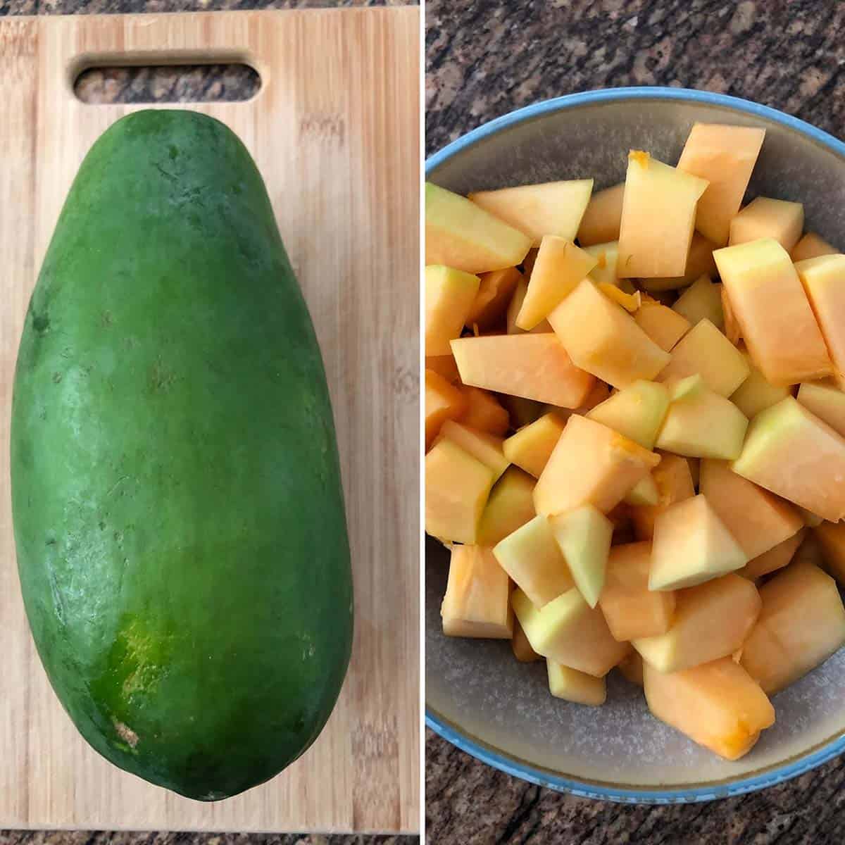 Side by side photos of whole Green papaya and chopped