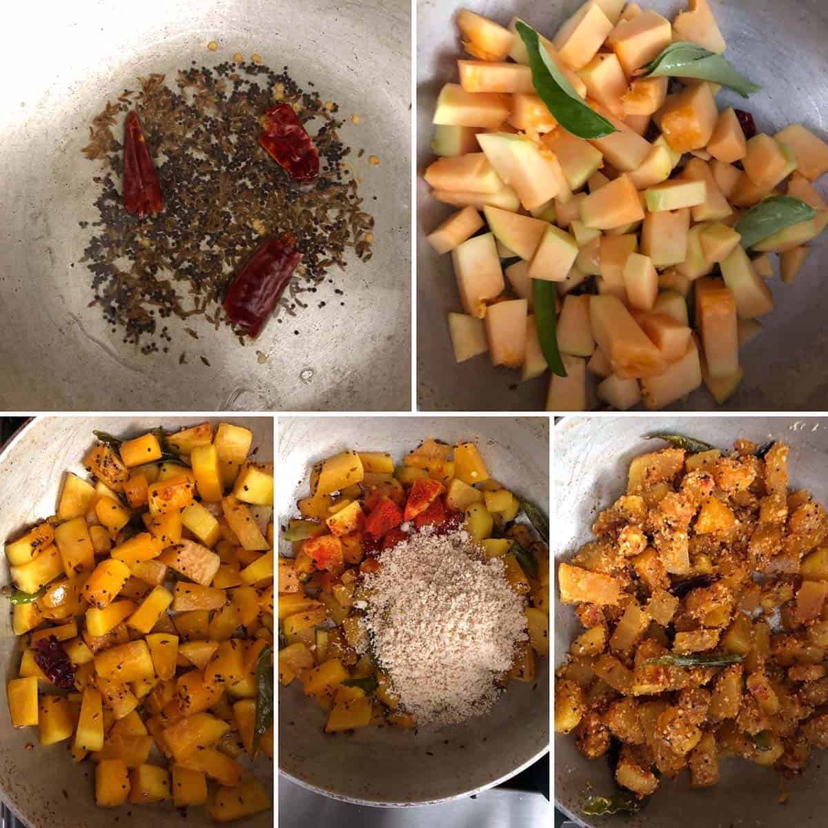 Side by side photos showing the making of the curry