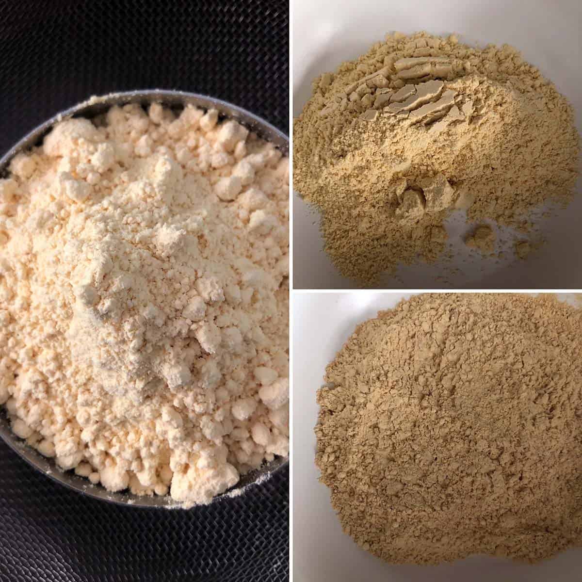 3 panel photo showing the roasting of chickpea flour in a pan.