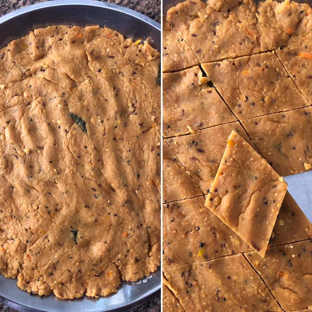 2 panel photo showing the making of besan burfi.