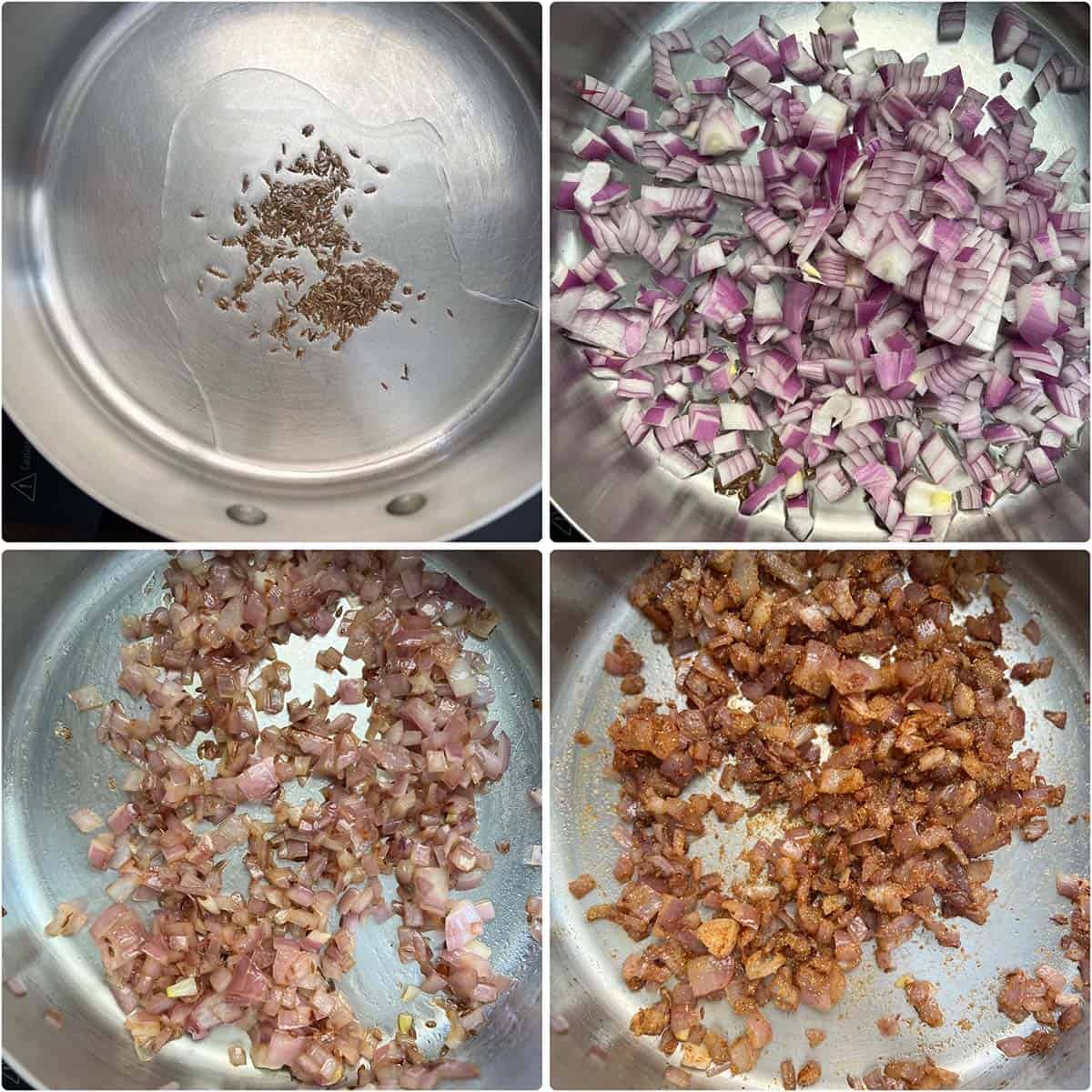 4 panel photo showing the sautéing of onions and spices in a pan.