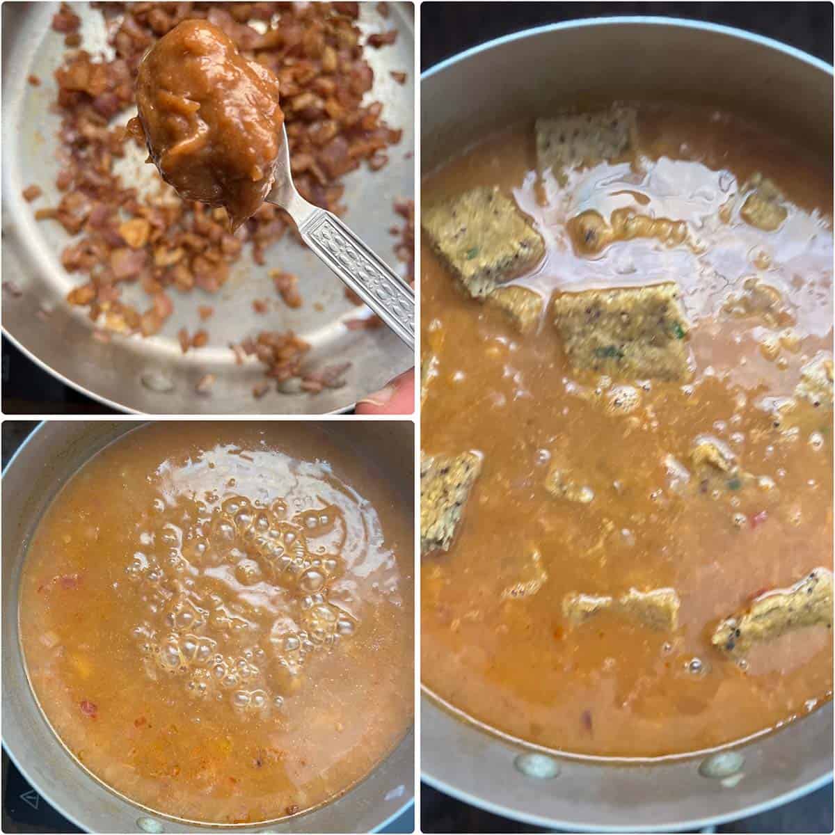 3 panel photo showing the simmering of billala pulusu.