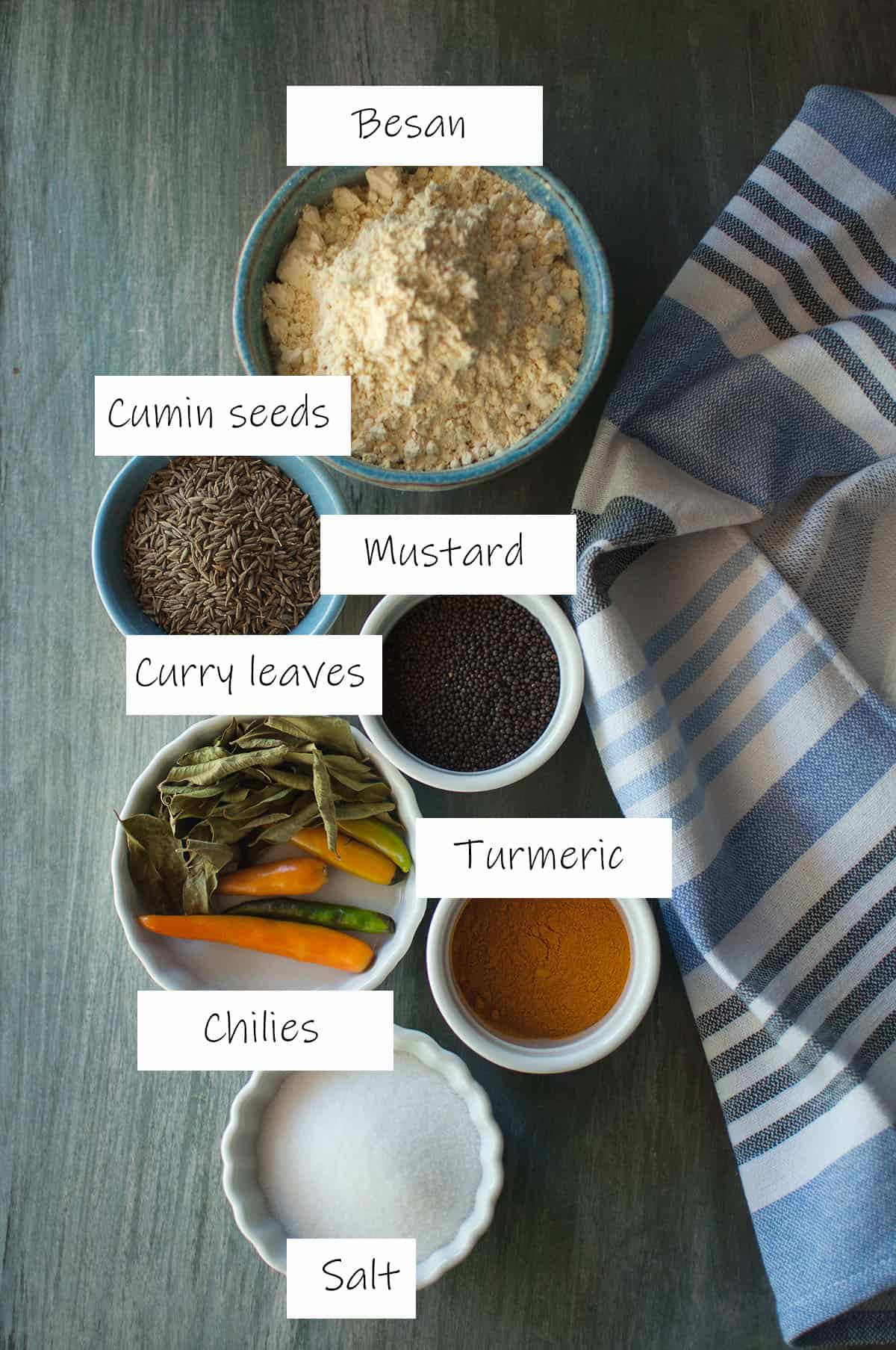 Ingredients needed to make a savory besan burfi.