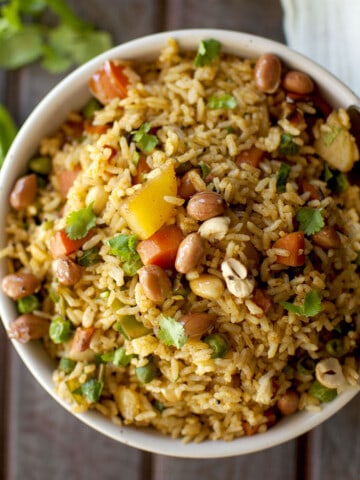 White bowl with mixed vegetable rice