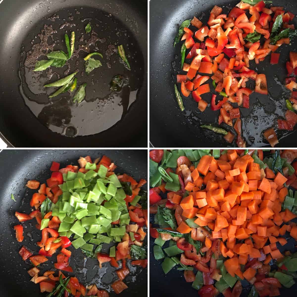 Side by side photos showing veggies being sauteed