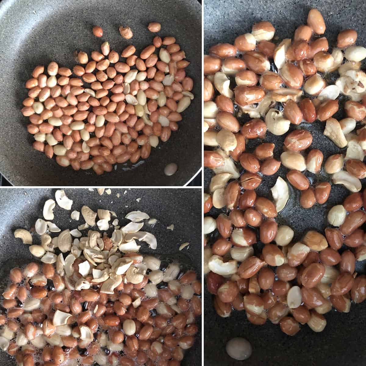 Peanuts and cashews sautéing in ghee until golden