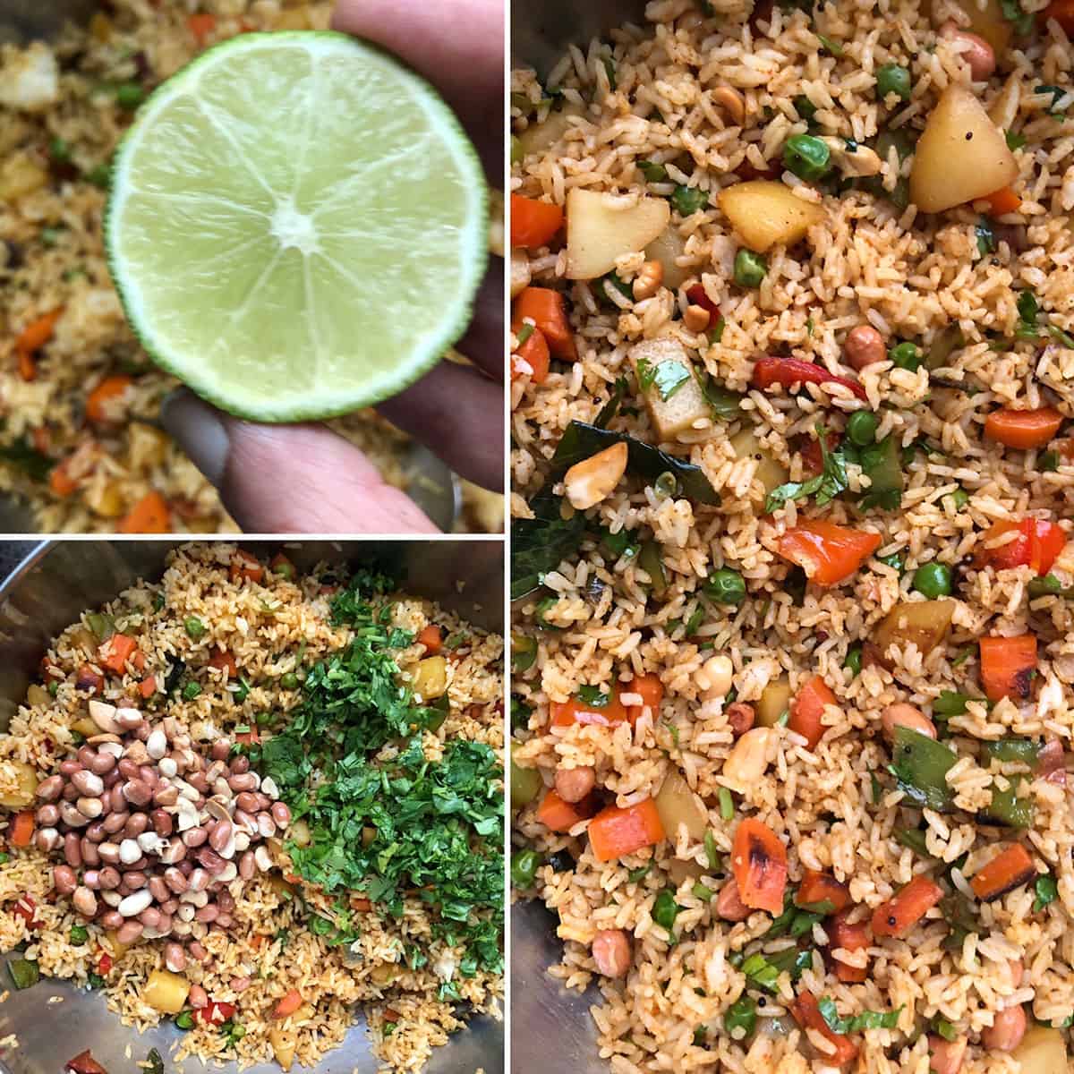 Lemon juice, nuts, chopped cilantro added to vegetable bath