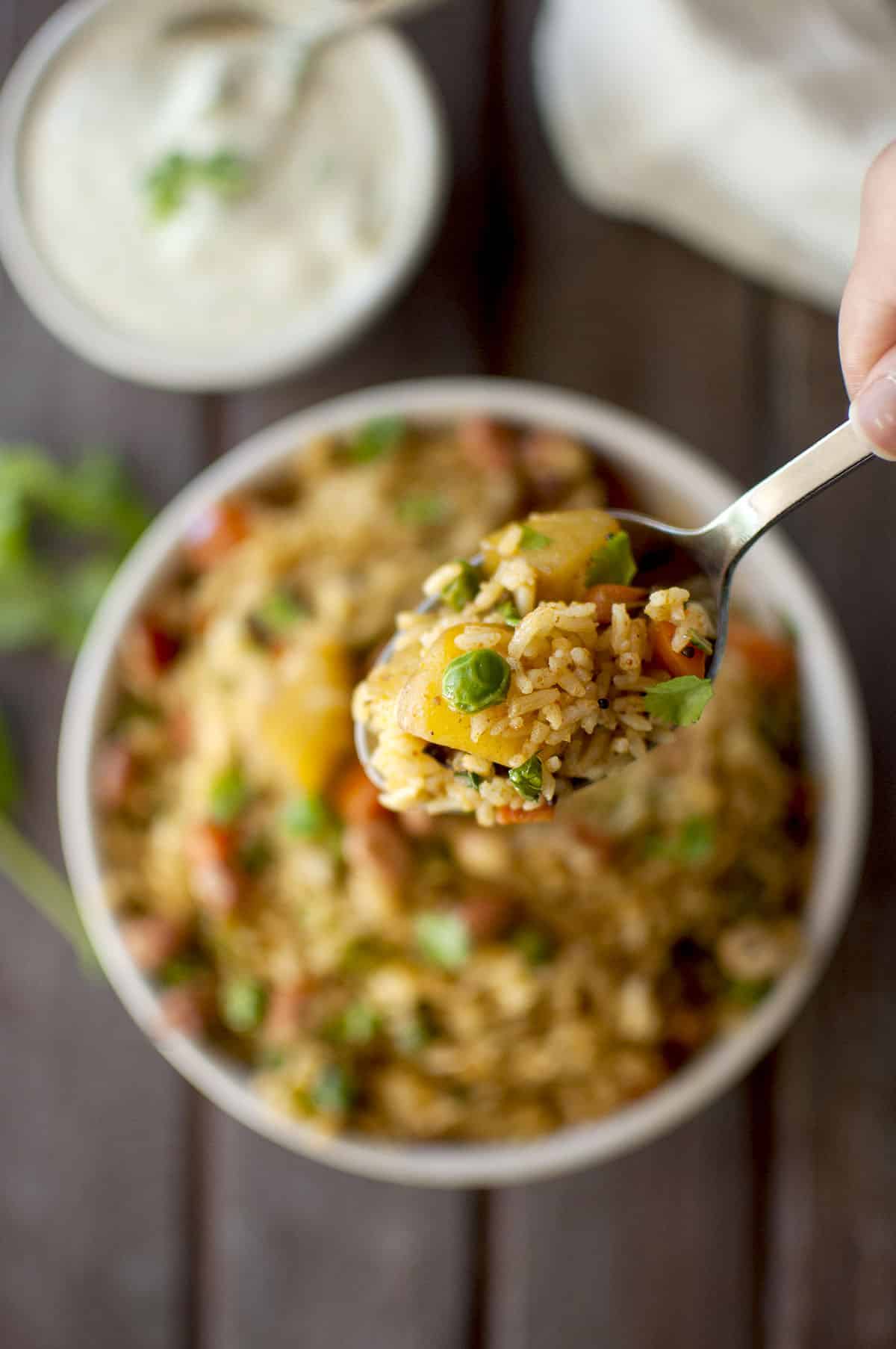 Hand holding a spoon with colorful mixed vegetable rice