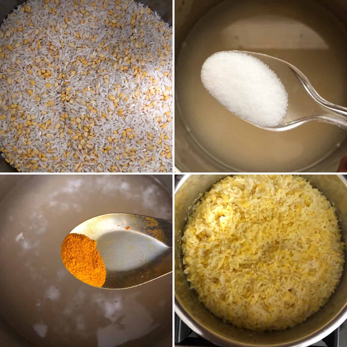 Step by step photos of the before and after cooking rice and lentils 
