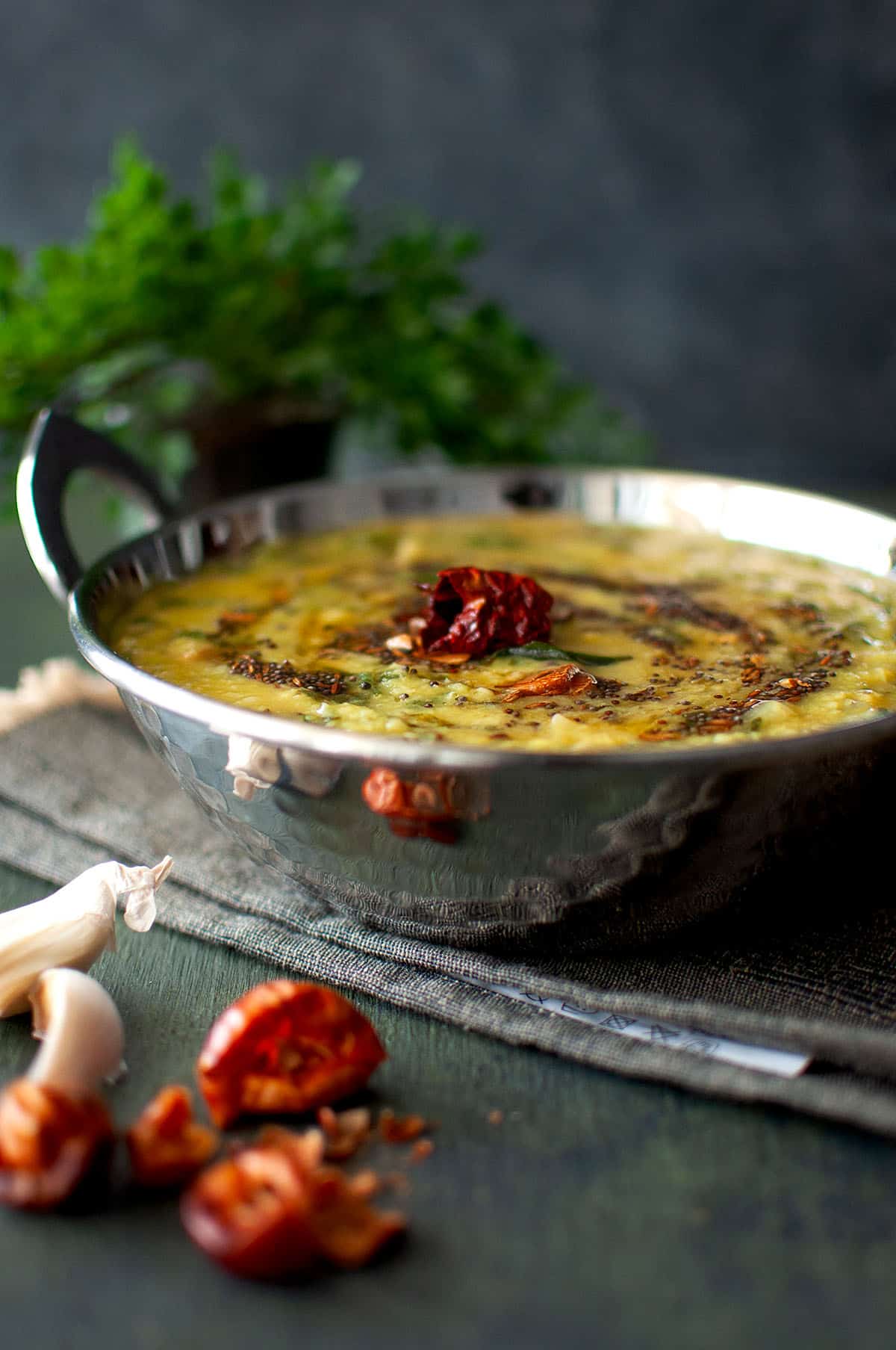 Steel kadai with palakura pesarappu.