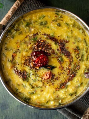 Top view of kadai with spinach dal.