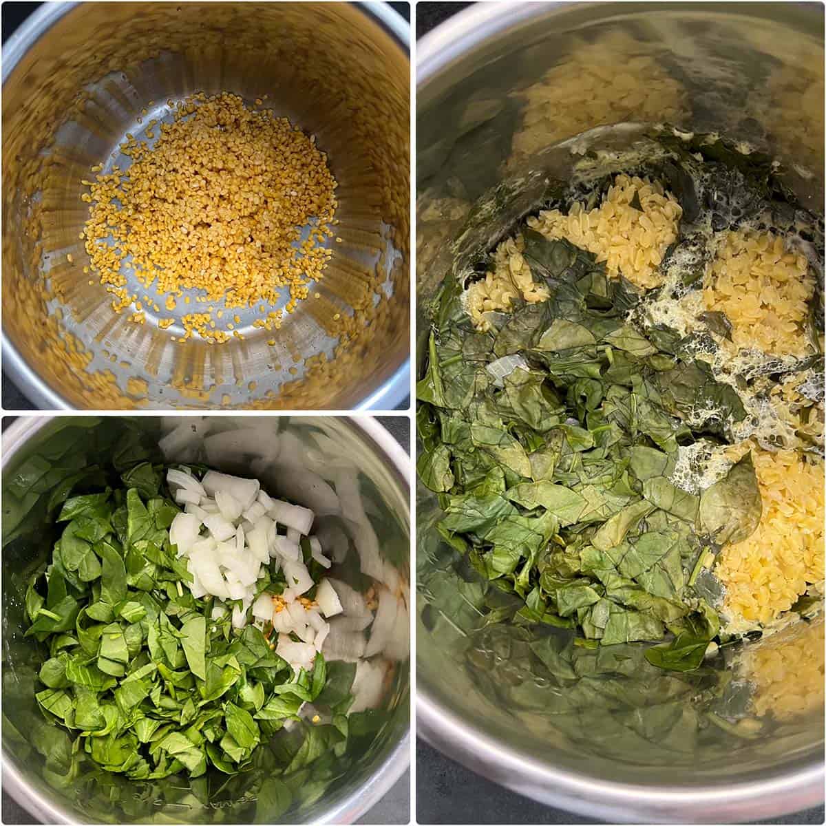 3 photo collage showing the cooking of dal in instant pot.