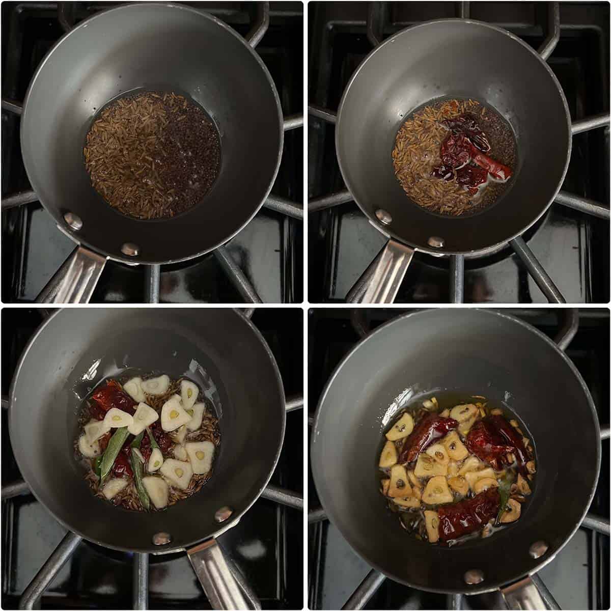 4 photo collage showing a small pan with different tadka ingredients.