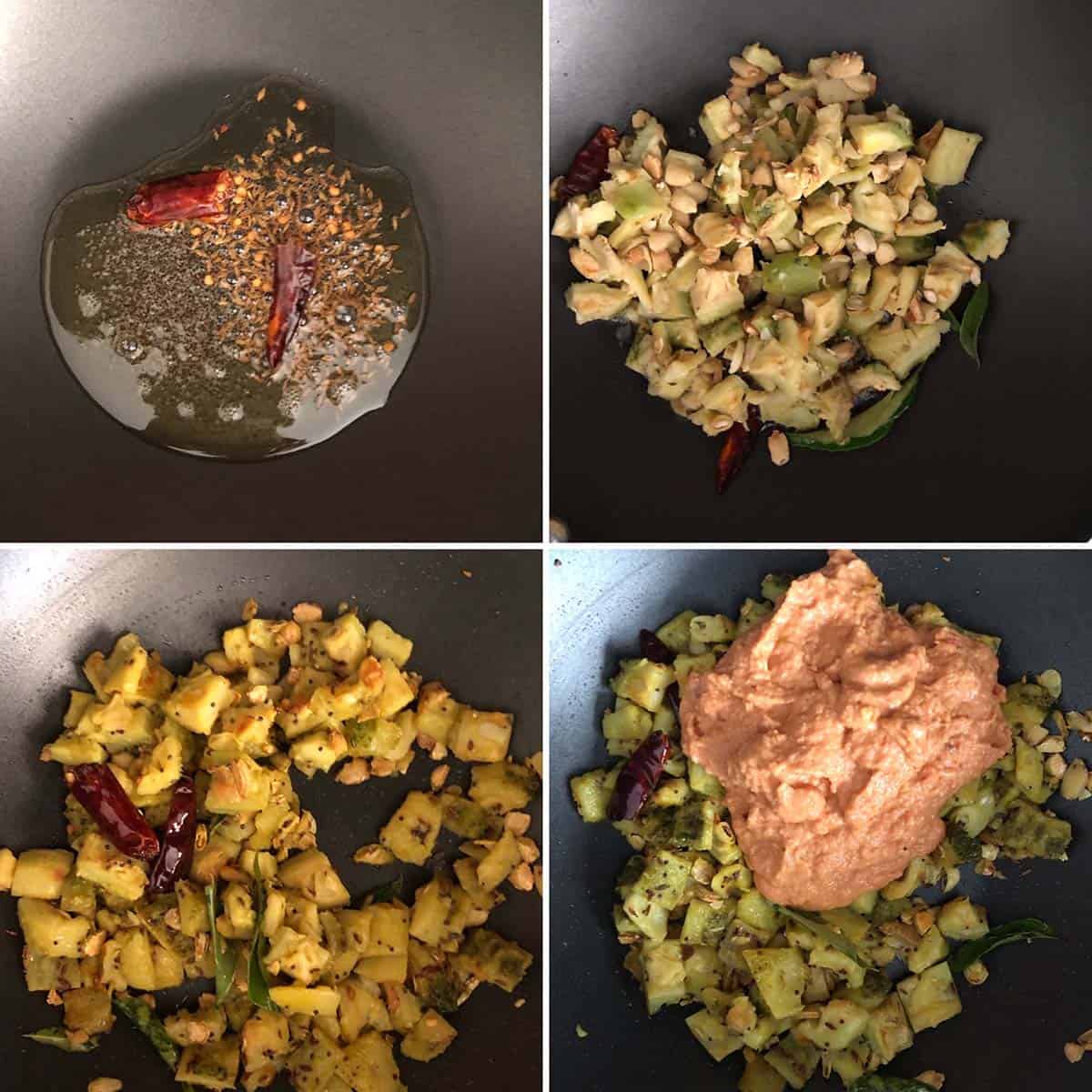 4 panel photo showing the sautéing of bitter gourd and addition of gravy.