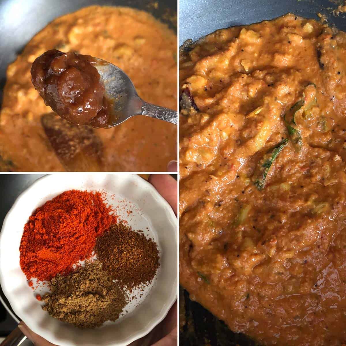 3 panel photo showing the addition of tamarind and spices to the curry.