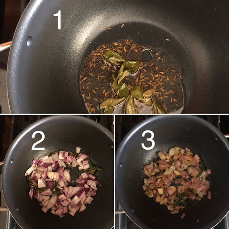 Step by Step Photos showing how to temper seeds and cook onions