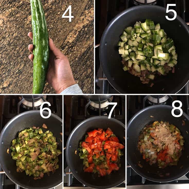 Step by step photos showing fresh snake gourd and cooking with onion and tomatoes