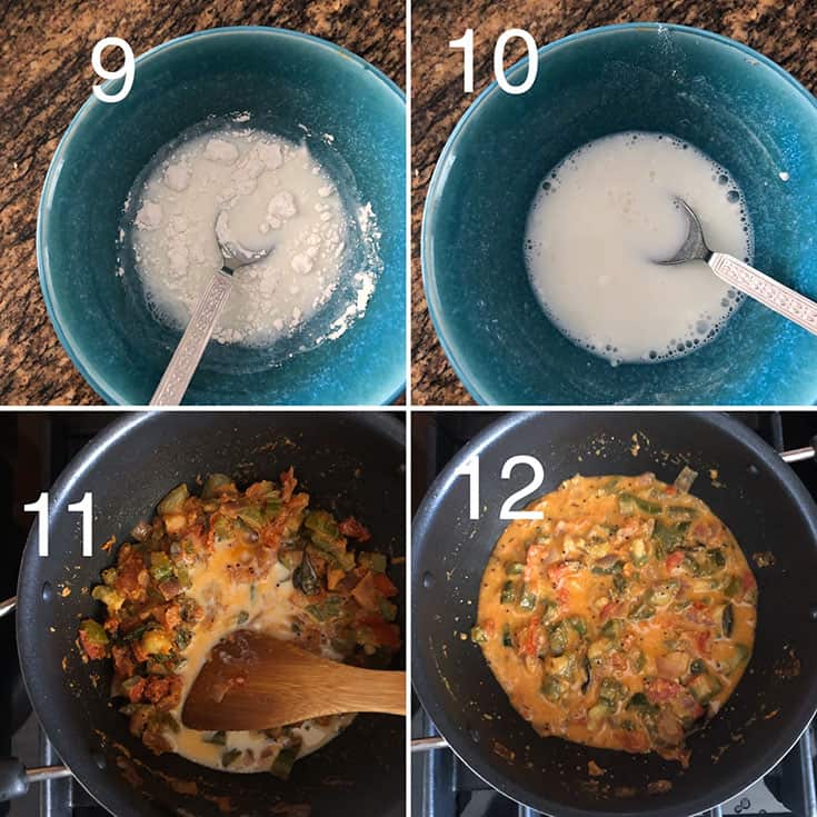 Step by step photos making rice-milk slurry and adding to potlakaya kura