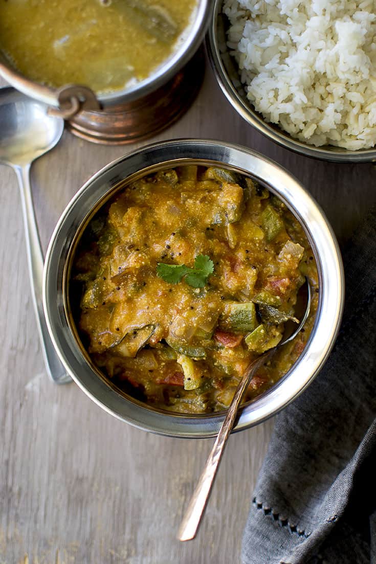 Steel bowl with Potlakaya Kura with rice and dal in the background