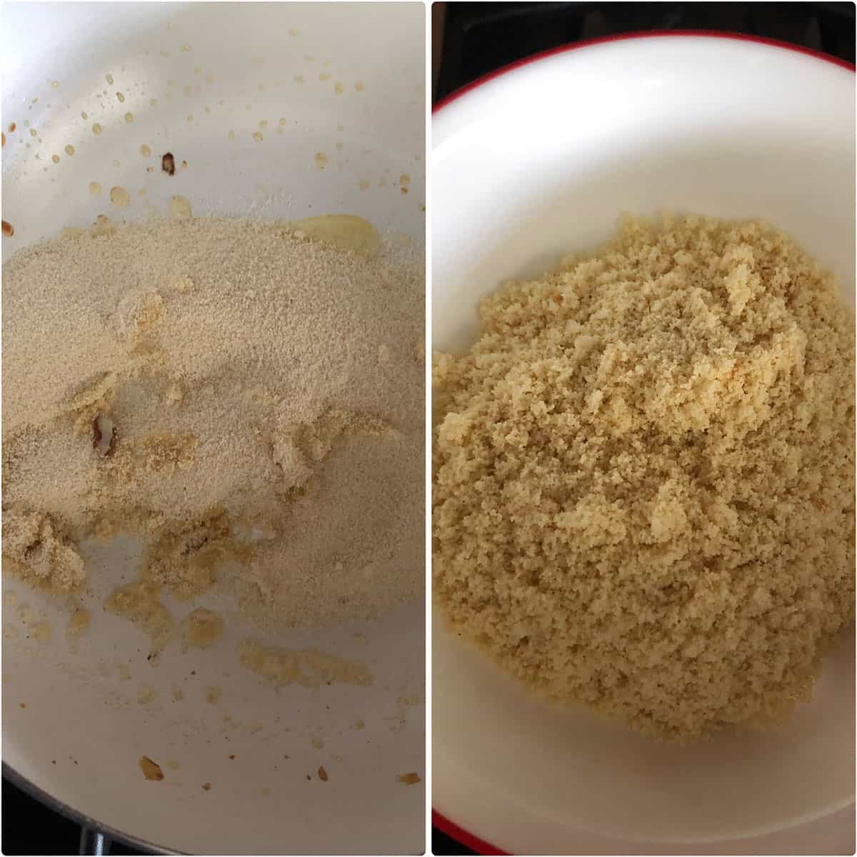 Cooking sooji in ghee until golden and removed into a bowl
