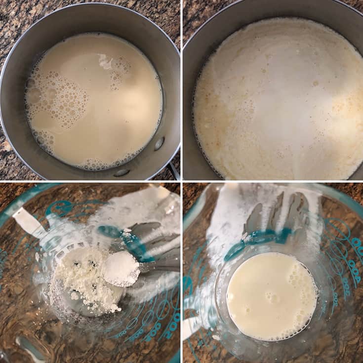 Step by step photos showing heavy cream and evaporated milk being simmered; making cornstarch slurry