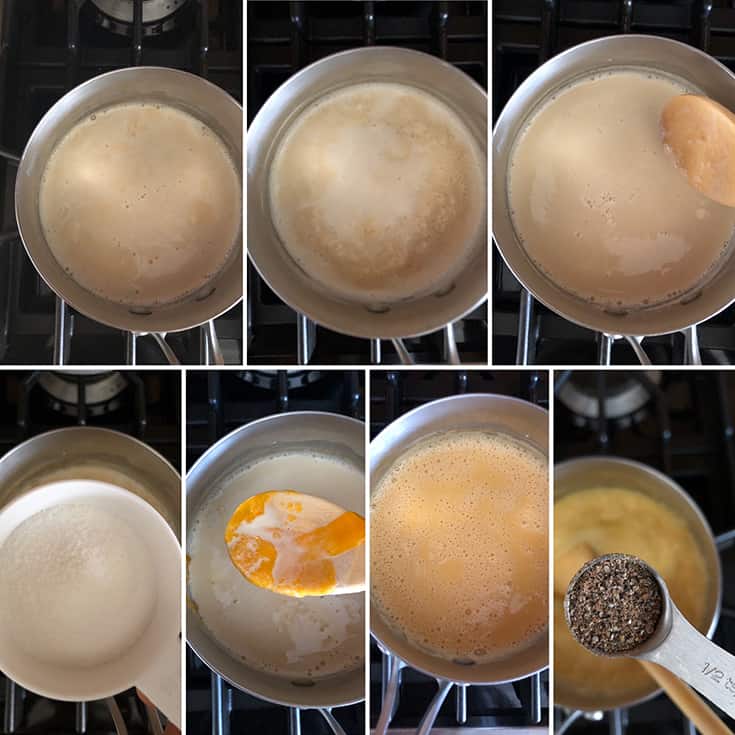 Step by step photos showing milk mixture simmering and the addition of cornstarch, sugar, mango puree and ground cardamom