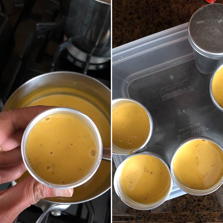 Pouring the cooked mixture into popsicle molds