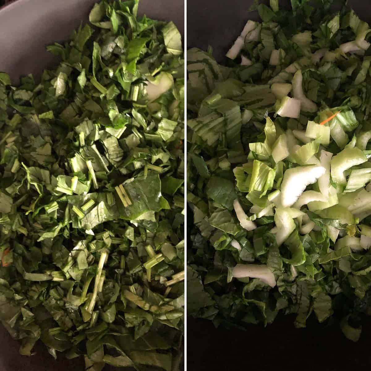 2 panel photo showing the sautéing of greens to make Indian bok choy stir fry.