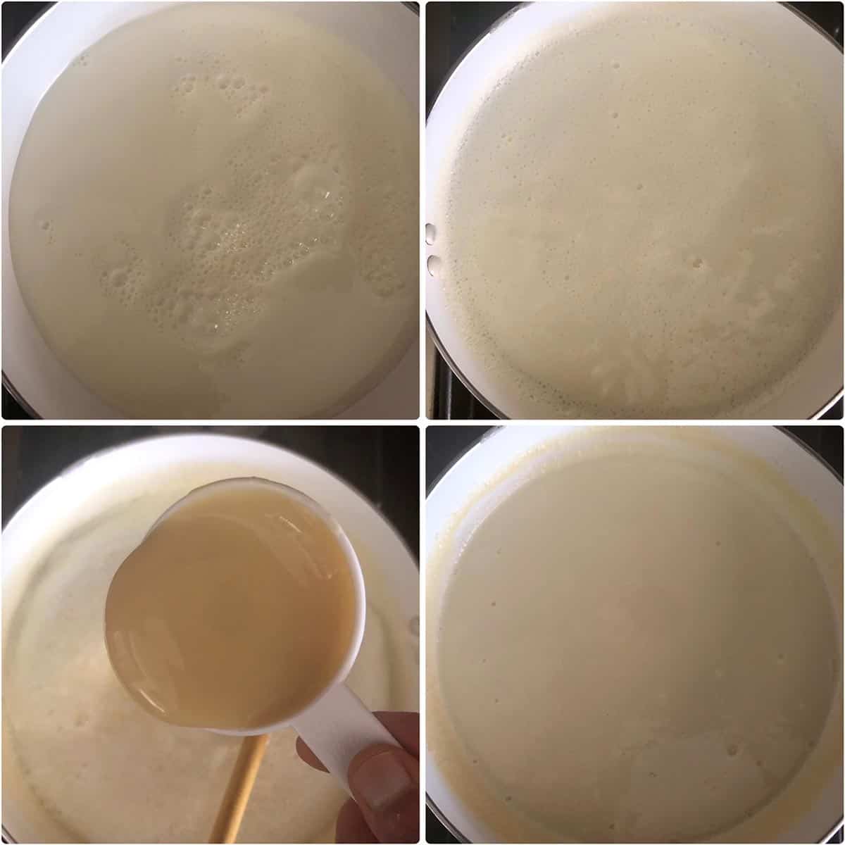Step by step photos showing the boiling of milk and addition of condensed milk