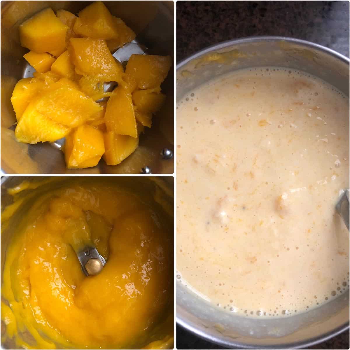 Mango cubes ground to pulp and added to milk mixture