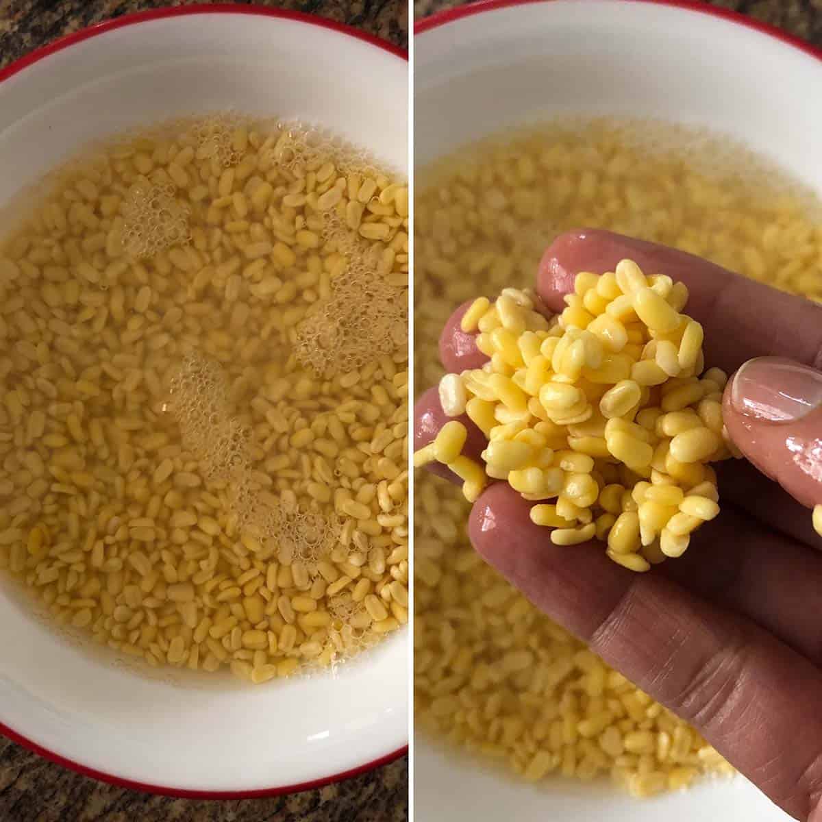 2 panel photo showing the soaking of moong dal in a white bowl.