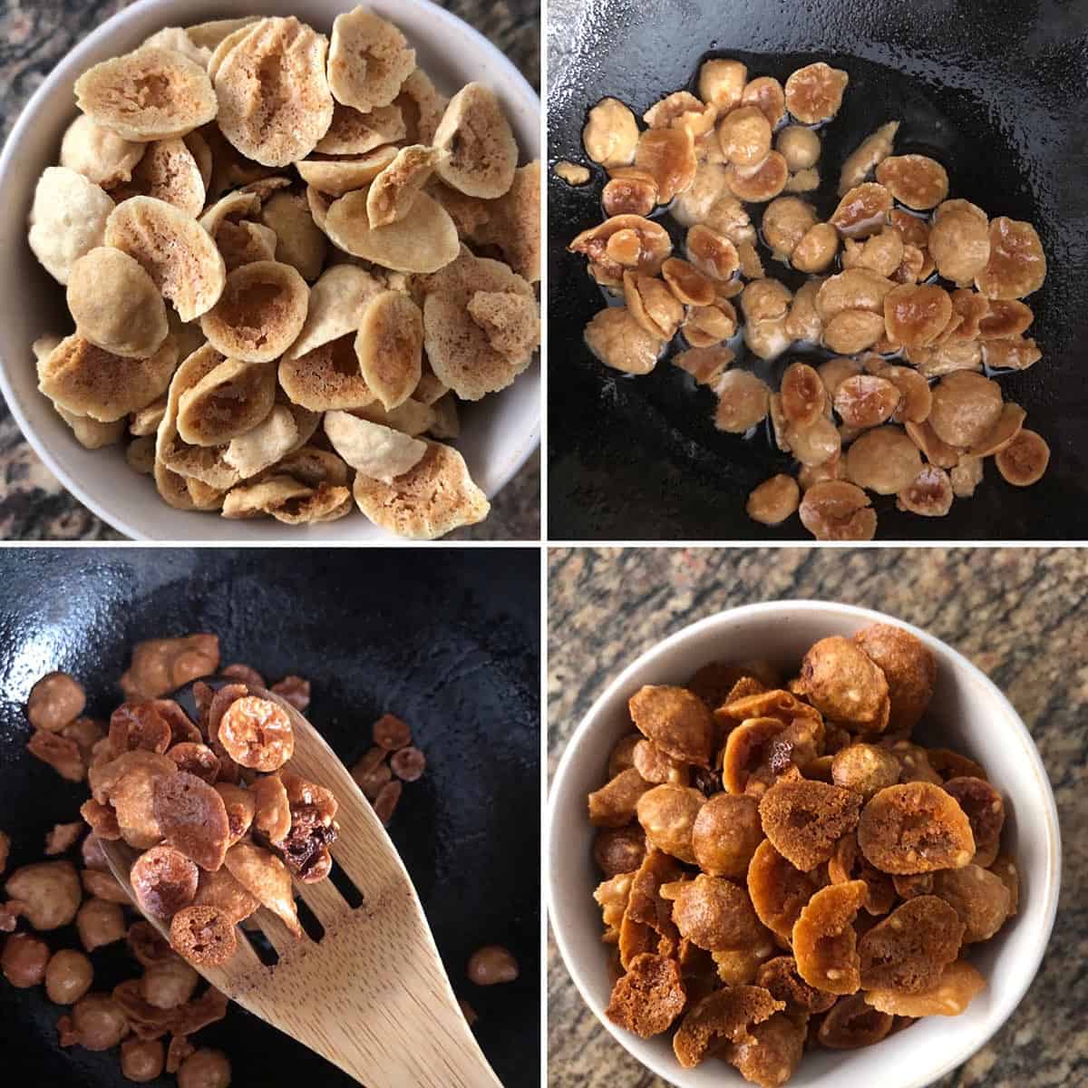 Step by step photos showing frying of lentil dumplings