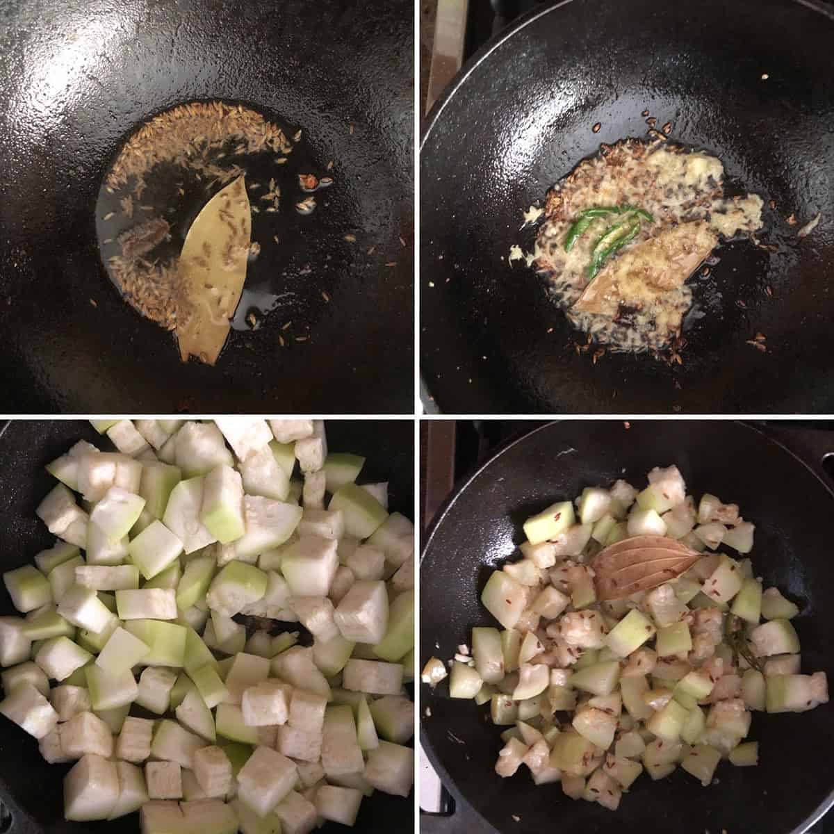Step by step photos showing cooking of bottle gourd