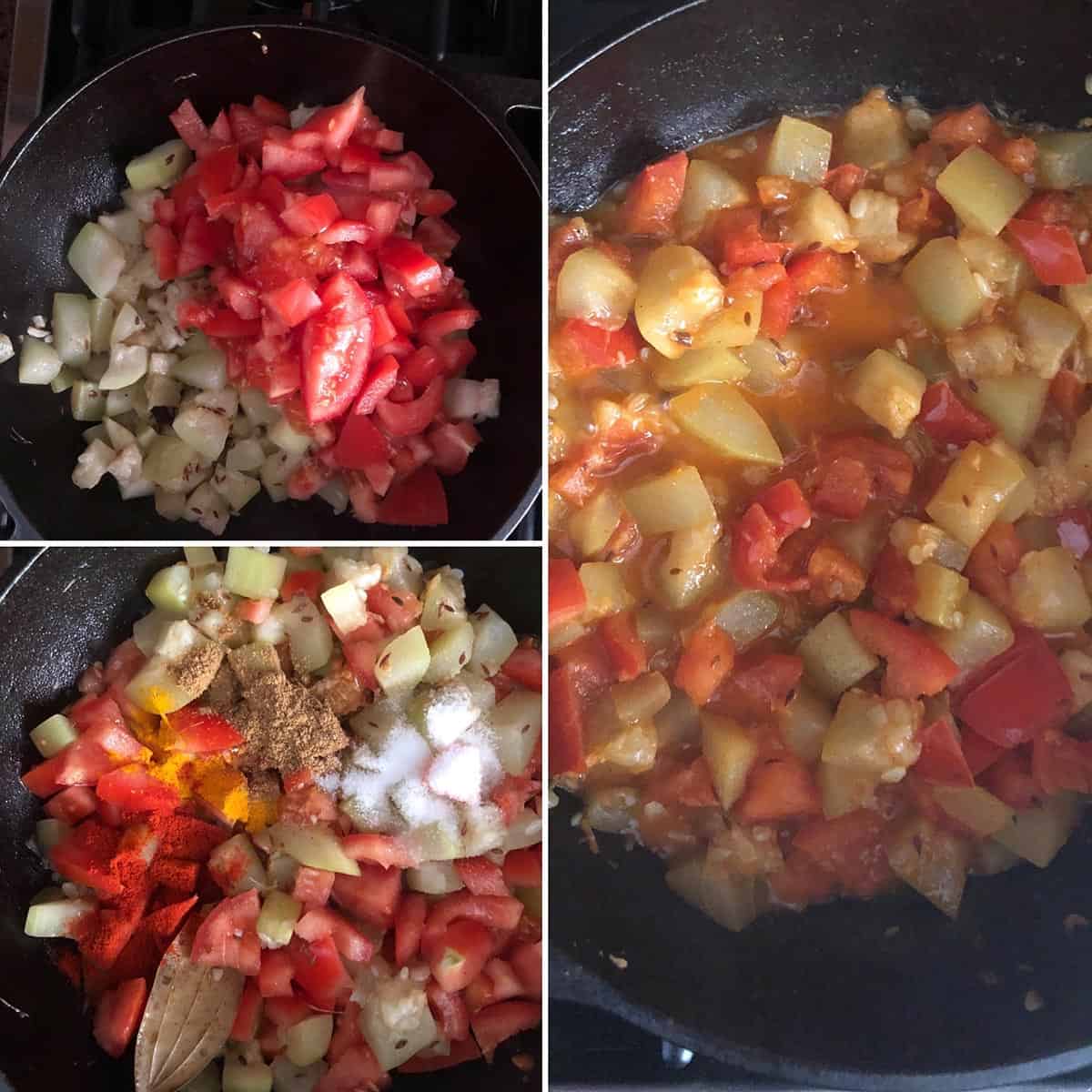 Photos showing the addition of tomato and spices