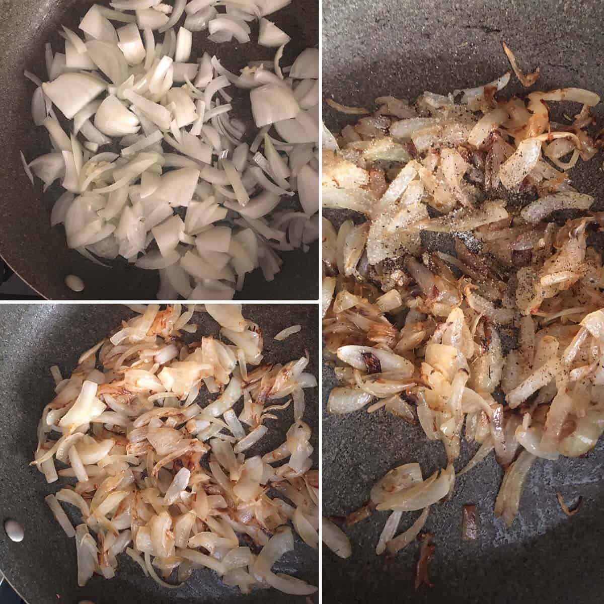 3 panel photos showing caramelizing onions.