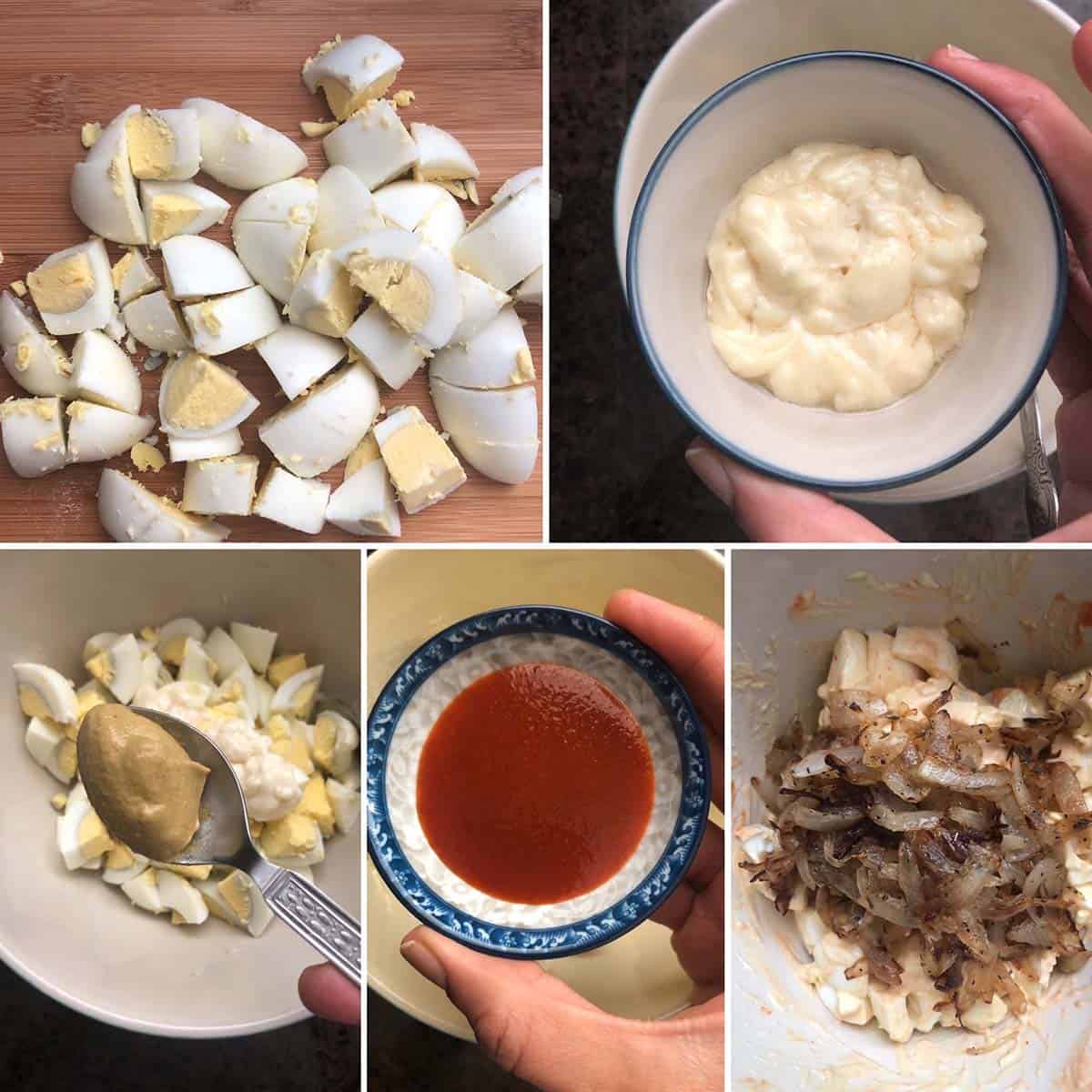 5 panel photo showing chopped eggs, mayo, dijon, hot sauce and onions.