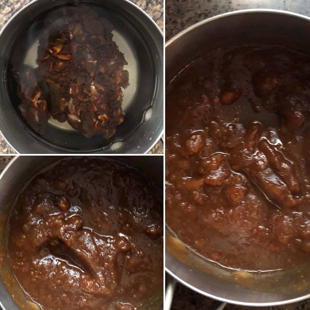 3 panel photo showing the making of tamarind paste.