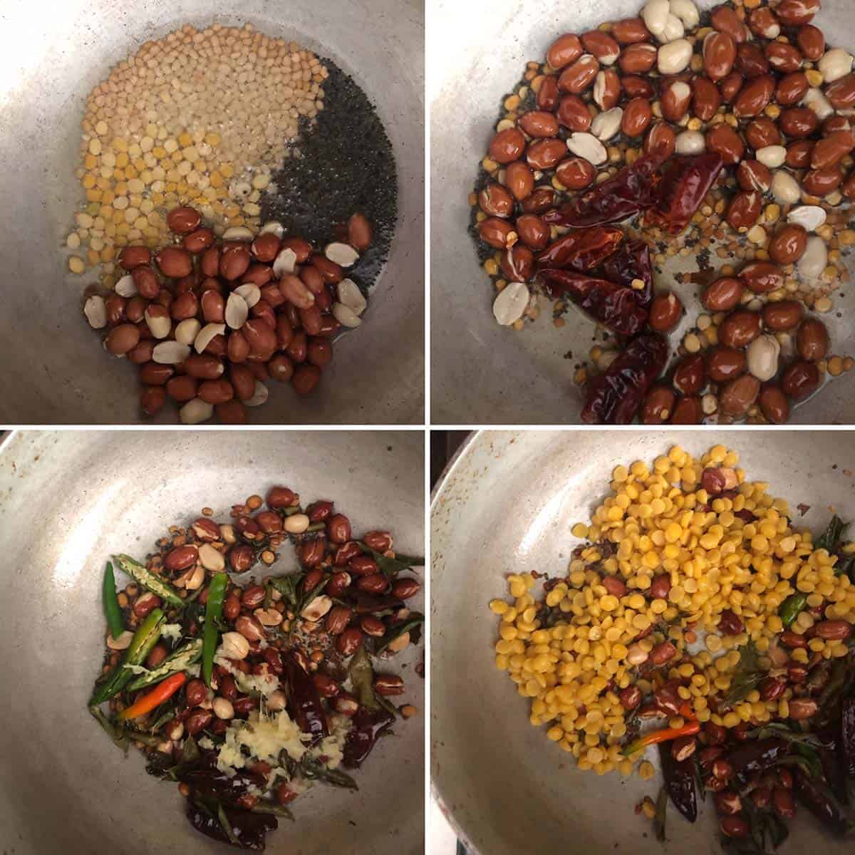 4 panel photo showing the sautéing of tempering ingredients.