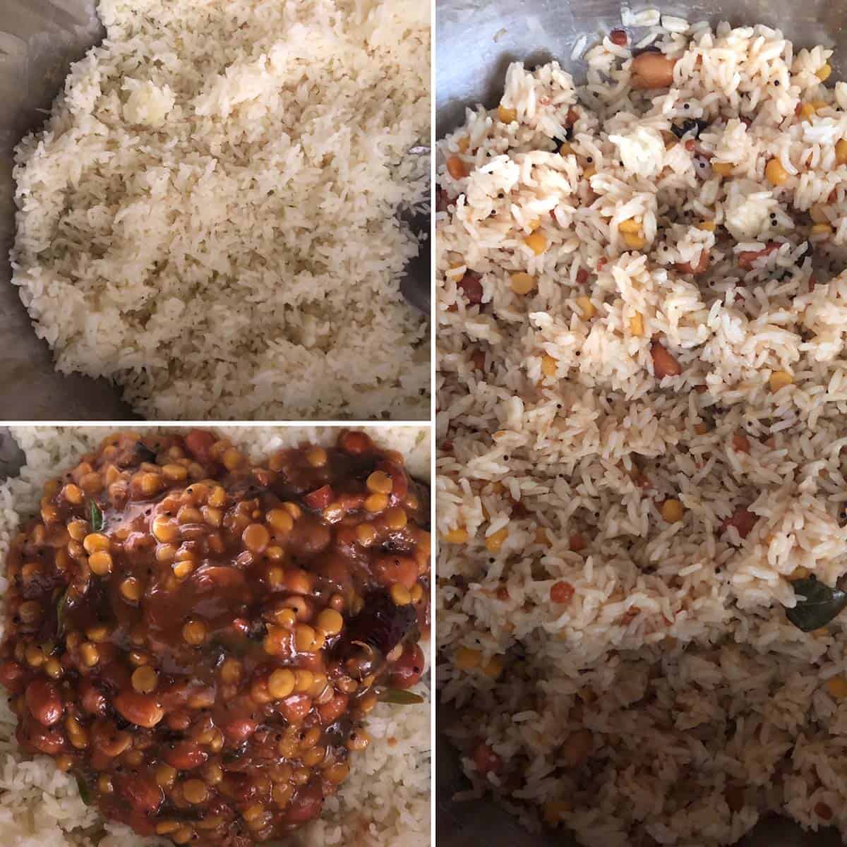 3 panel photo showing the mixing of tamarind mixture with rice.