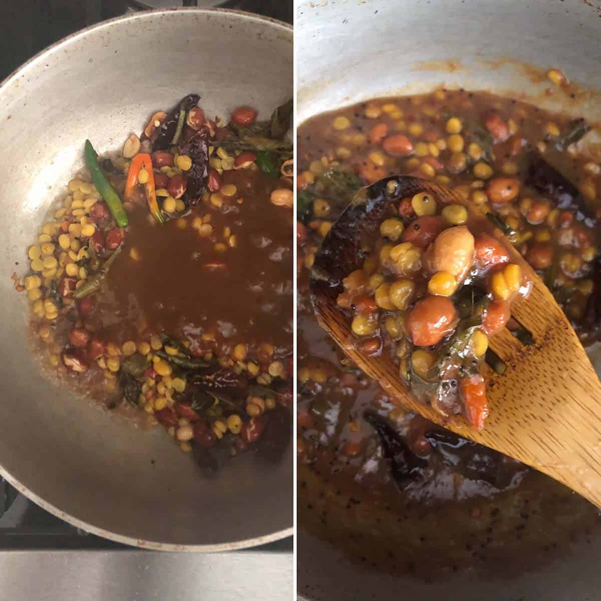 2 panel photo showing the making of the spice paste.