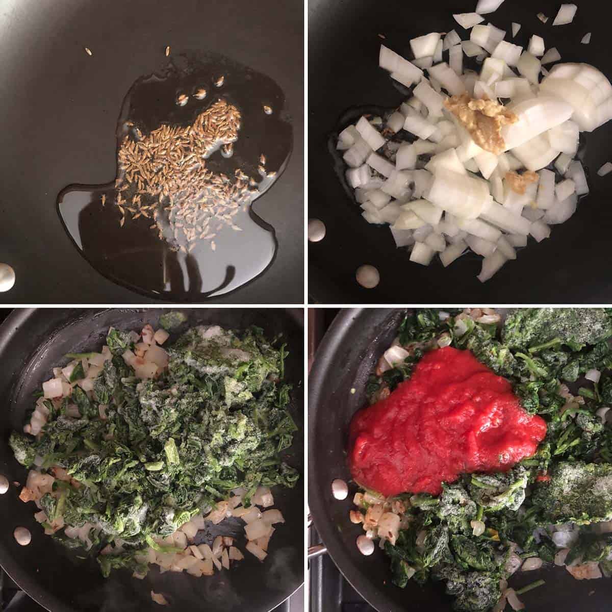 Step by step photos showing the making of spinach-chickpea filling: Cumin seeds added to hot oil followed by chopped onions, ginger-garlic paste, frozen chopped spinach and tomato puree