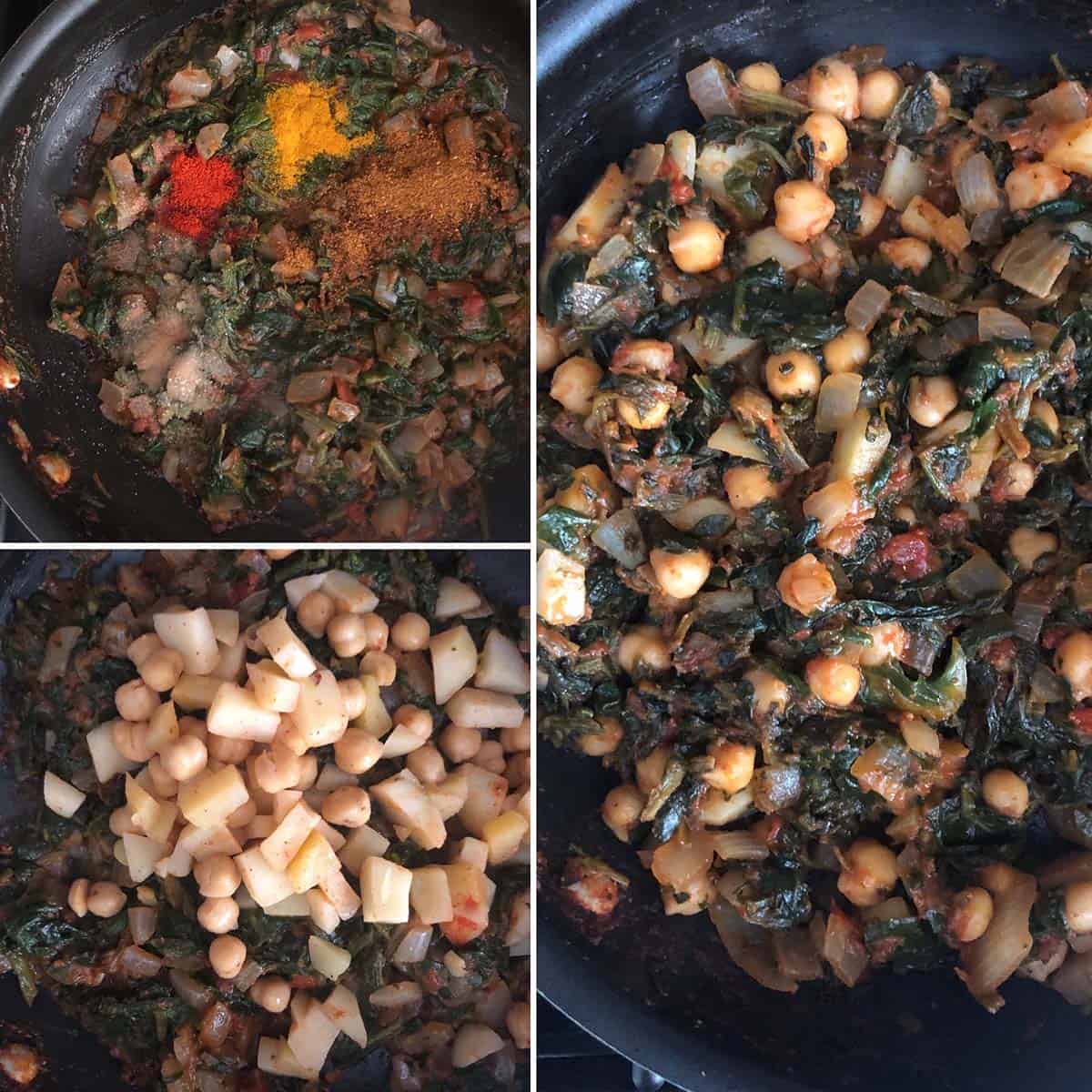 Step by step photos showing the making of spinach-chickpea filling: Turmeric, red chili powder, garam masala added to spinach mixture followed by potato and chickpeas